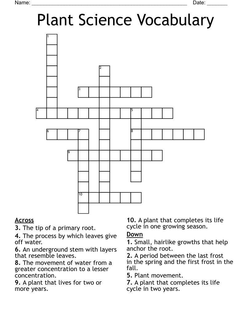 Plant Science Vocabulary Crossword