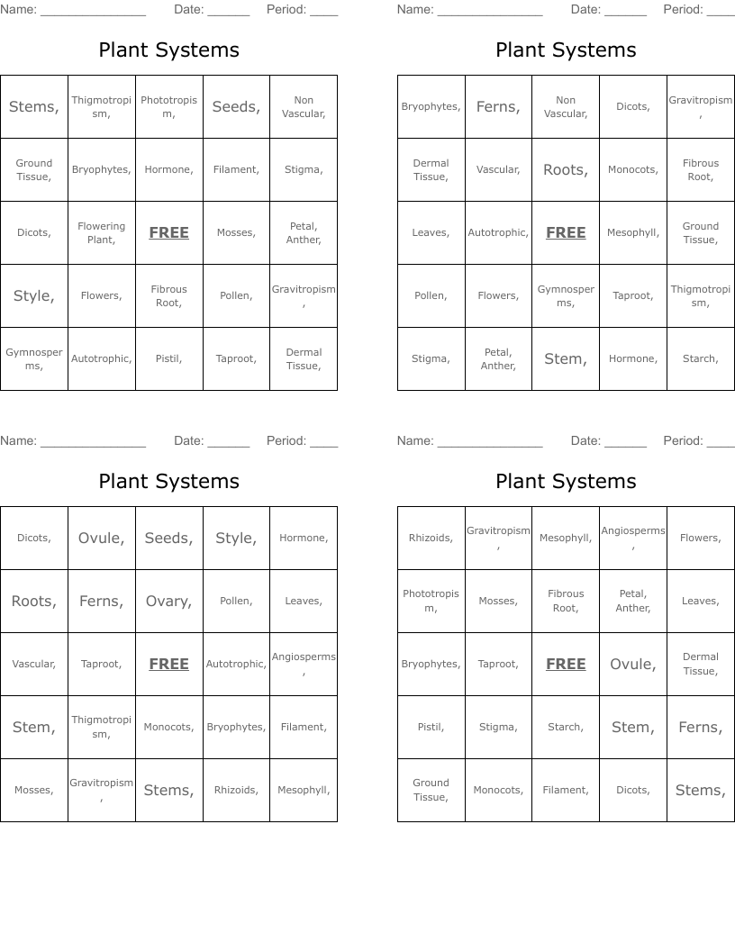Plant Systems Bingo Cards