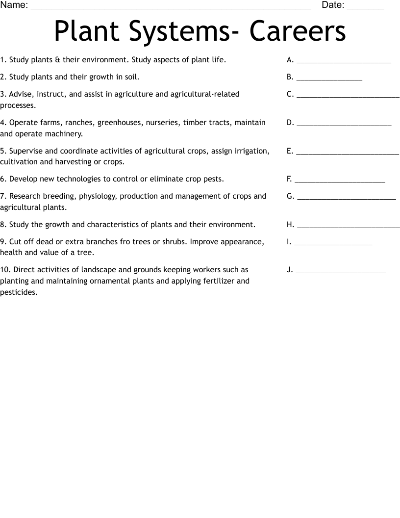 Plant Systems- Careers Worksheet