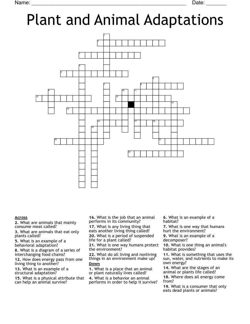 Plant and Animal Adaptations Crossword