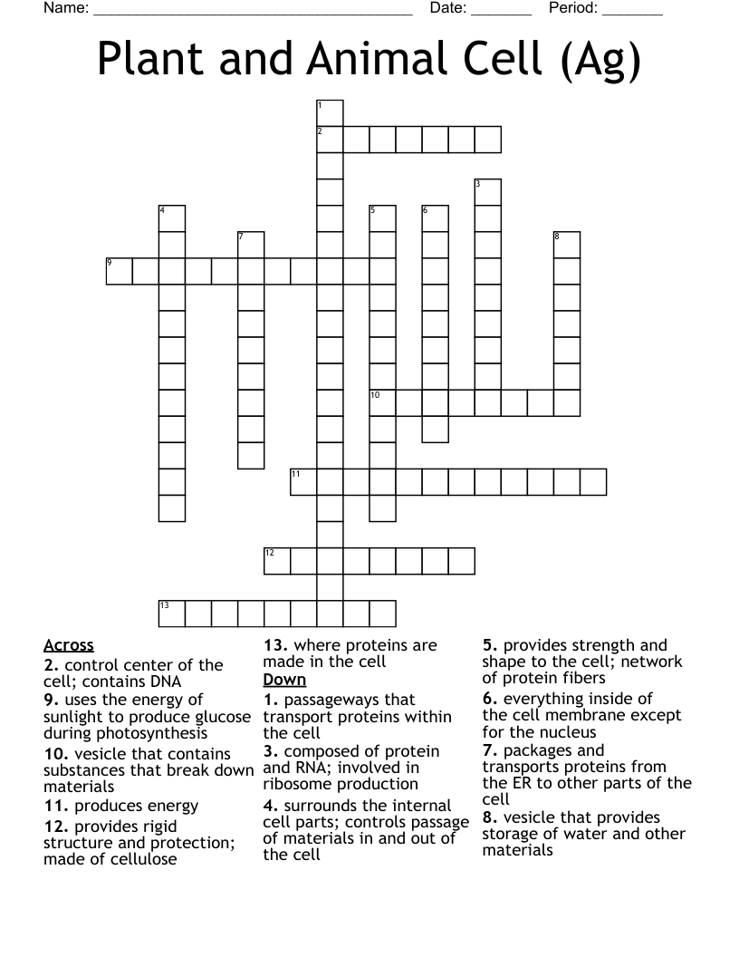 Plant and Animal Cell (Ag) Crossword