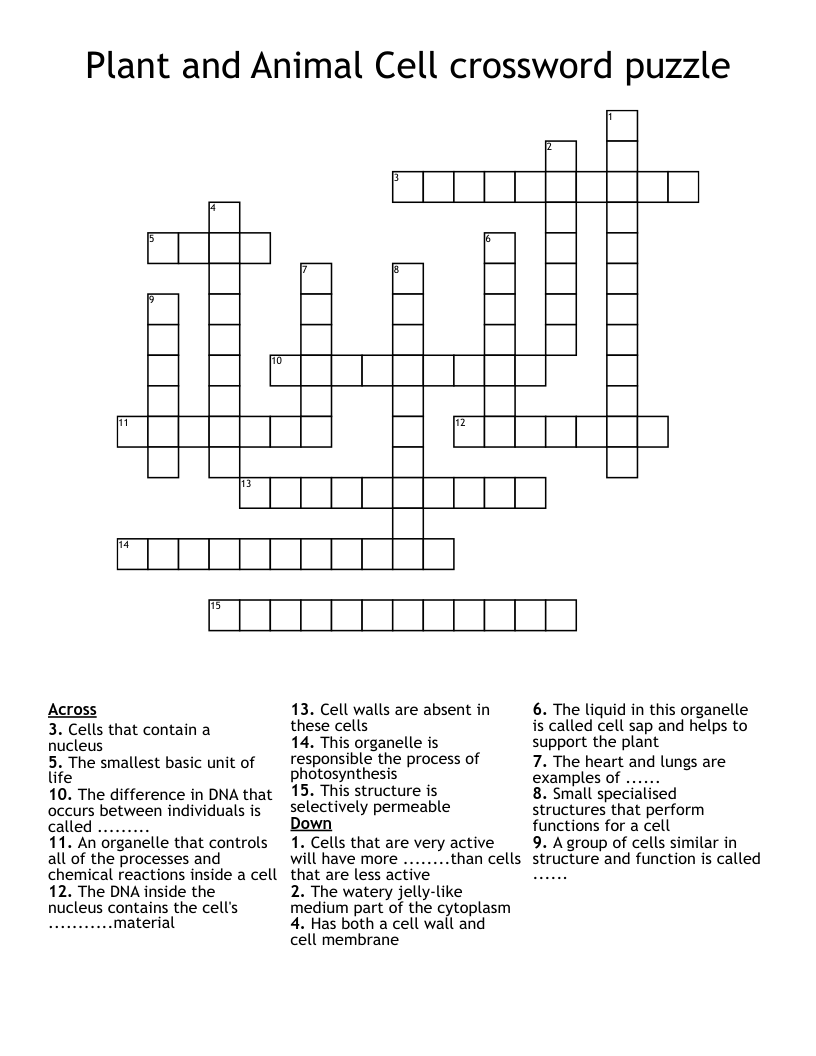 Plant and Animal Cell crossword puzzle