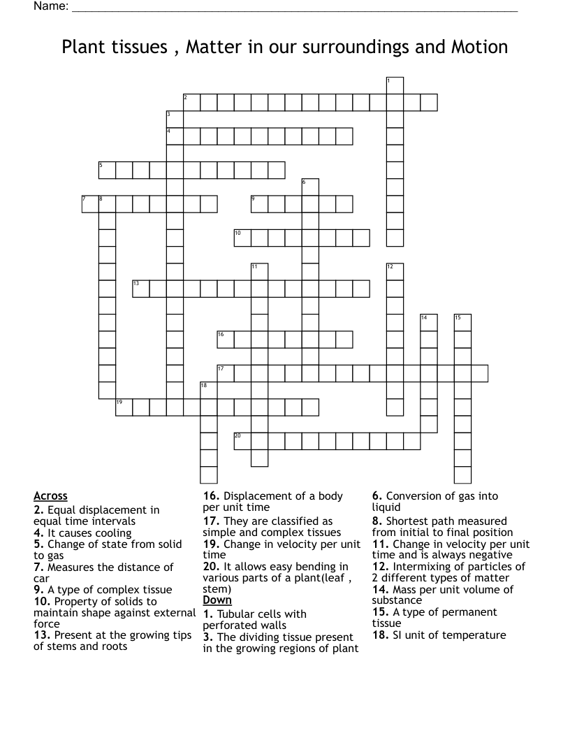 Plant tissues , Matter in our surroundings and Motion  Crossword