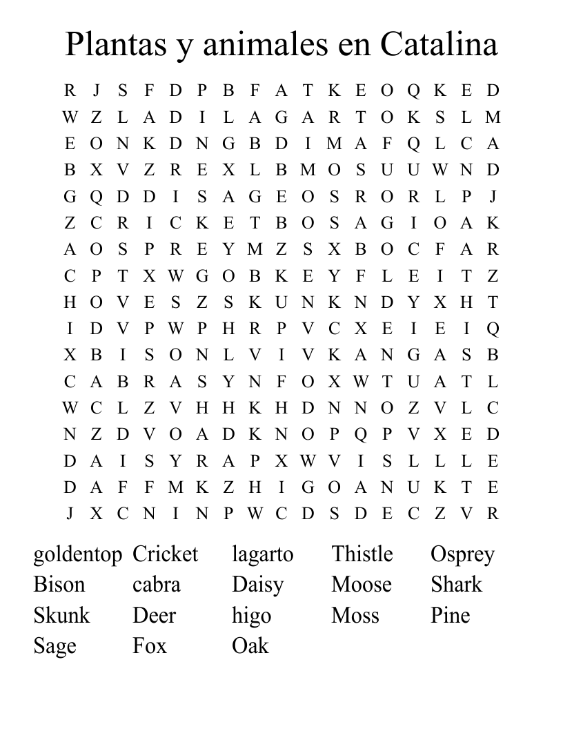 Plantas y animales en Catalina Word Search