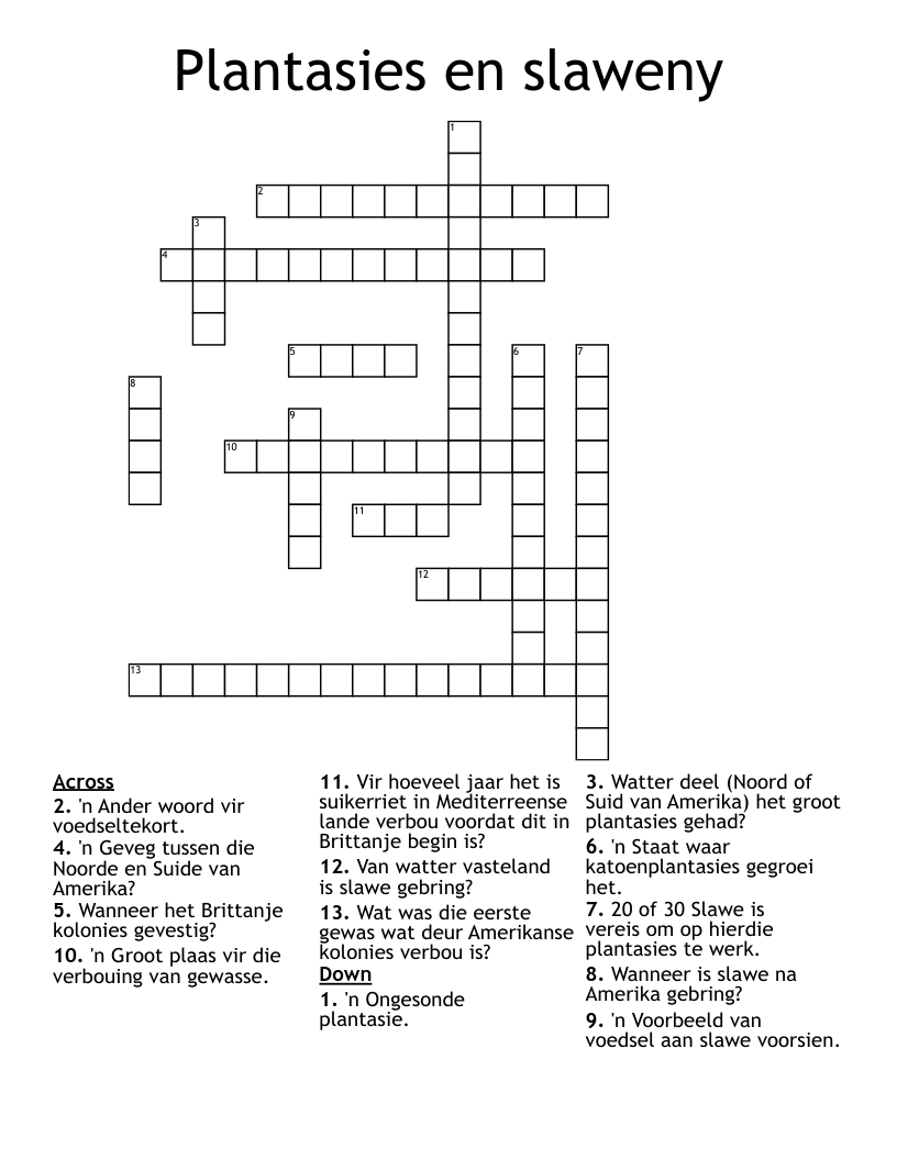 Plantasies en slaweny Crossword