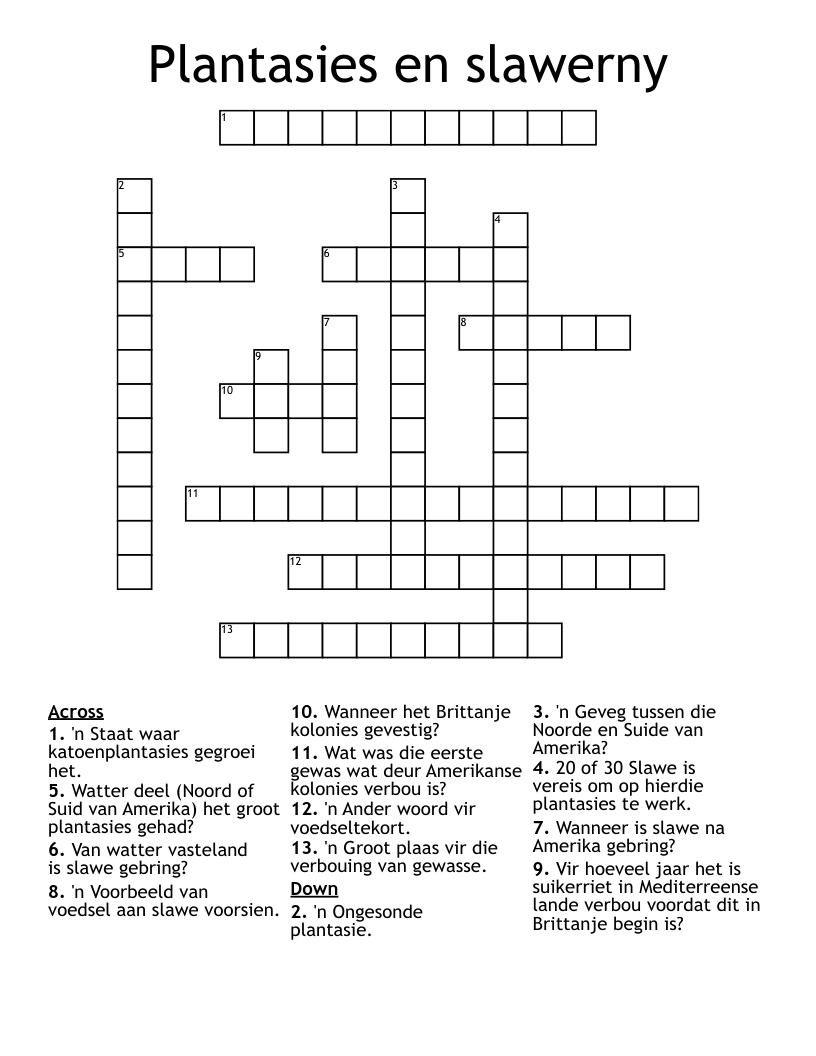 Plantasies en slawerny  Crossword
