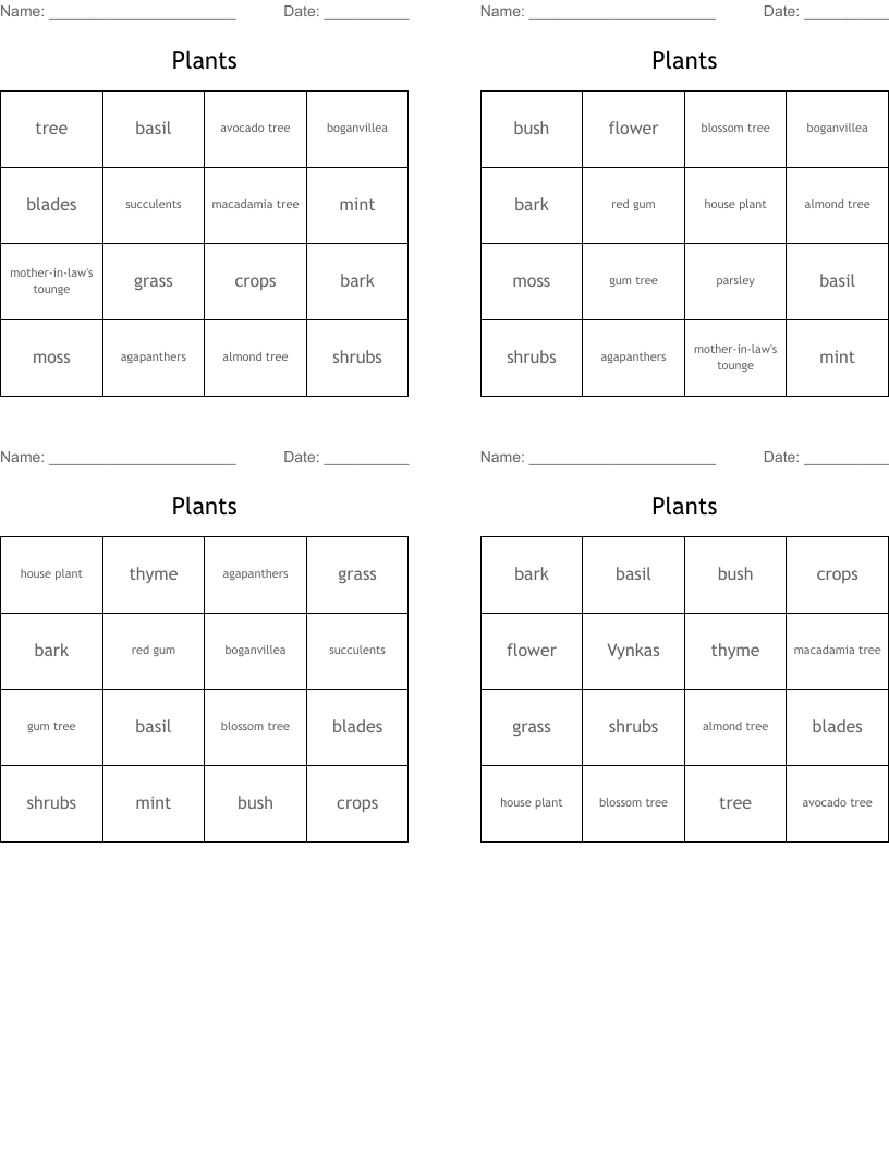 Plants Bingo Cards