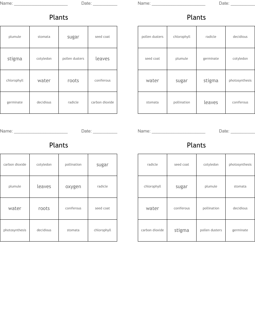 Plants Bingo Cards