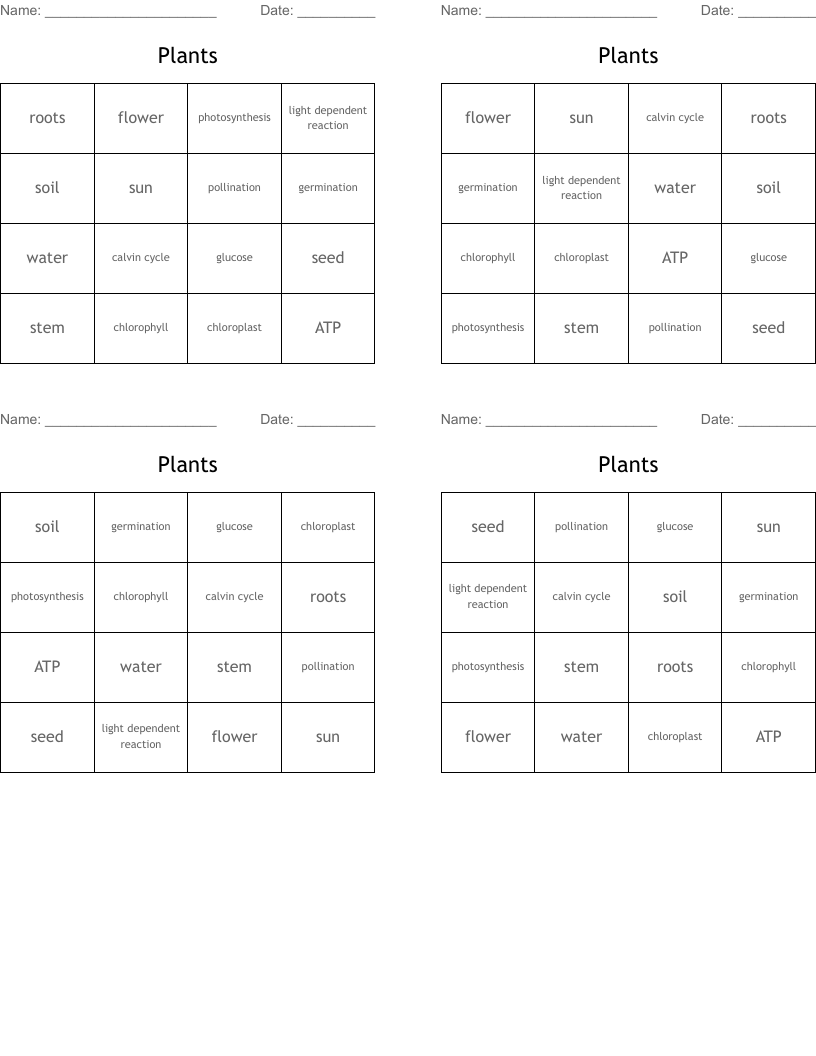 Plants Bingo Cards