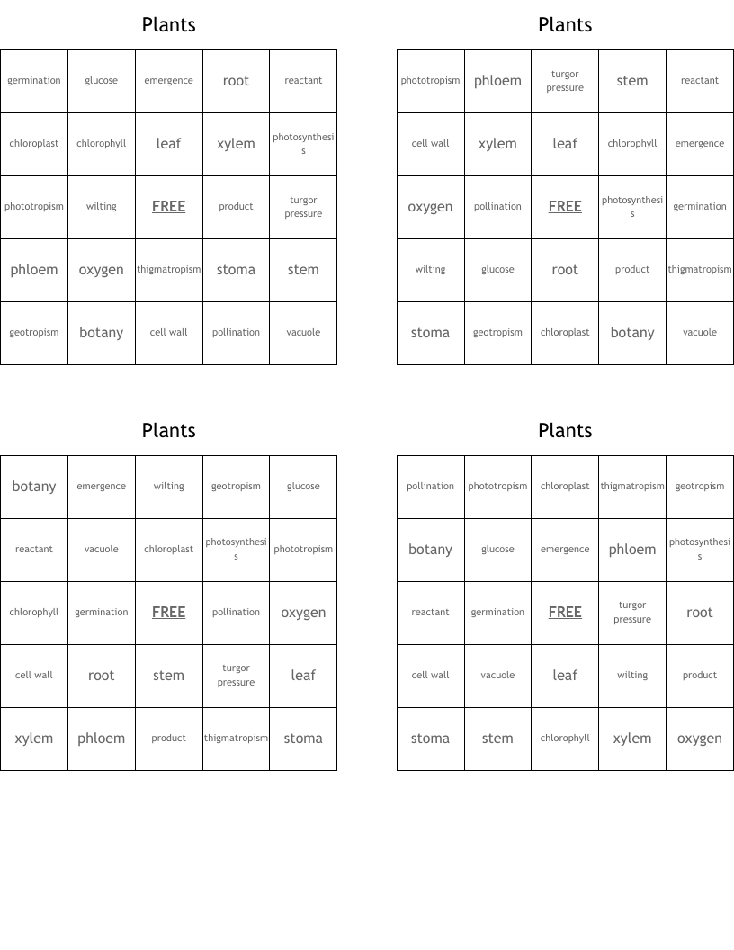 Plants Bingo Cards