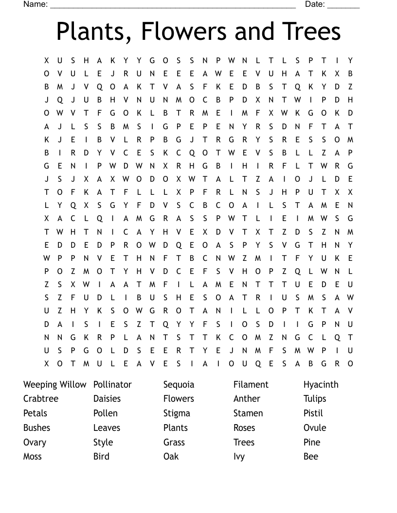 Plants, Flowers and Trees  Word Search