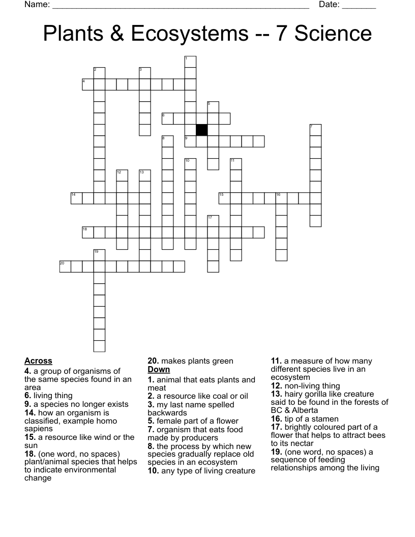 Plants & Ecosystems -- 7 Science Crossword