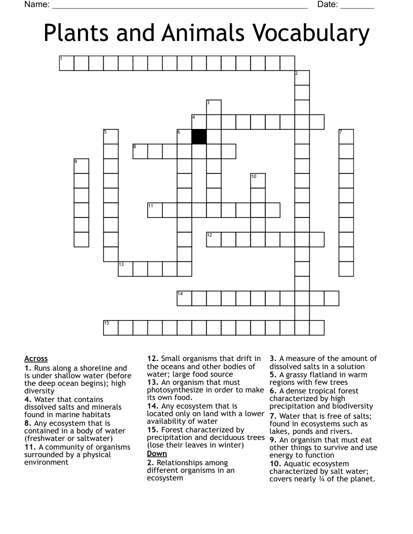 Plants and Animals Vocabulary Crossword