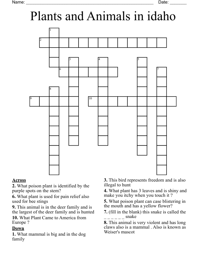 Plants and Animals in idaho Crossword