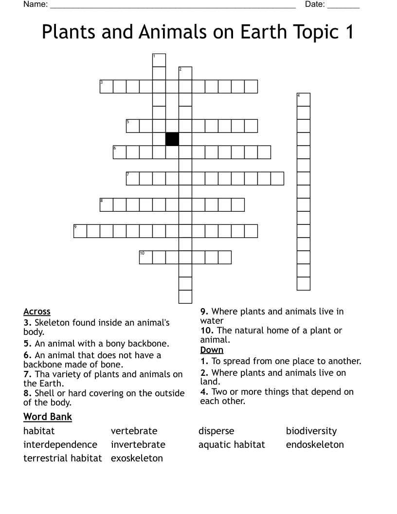 Plants and Animals on Earth Topic 1 Crossword