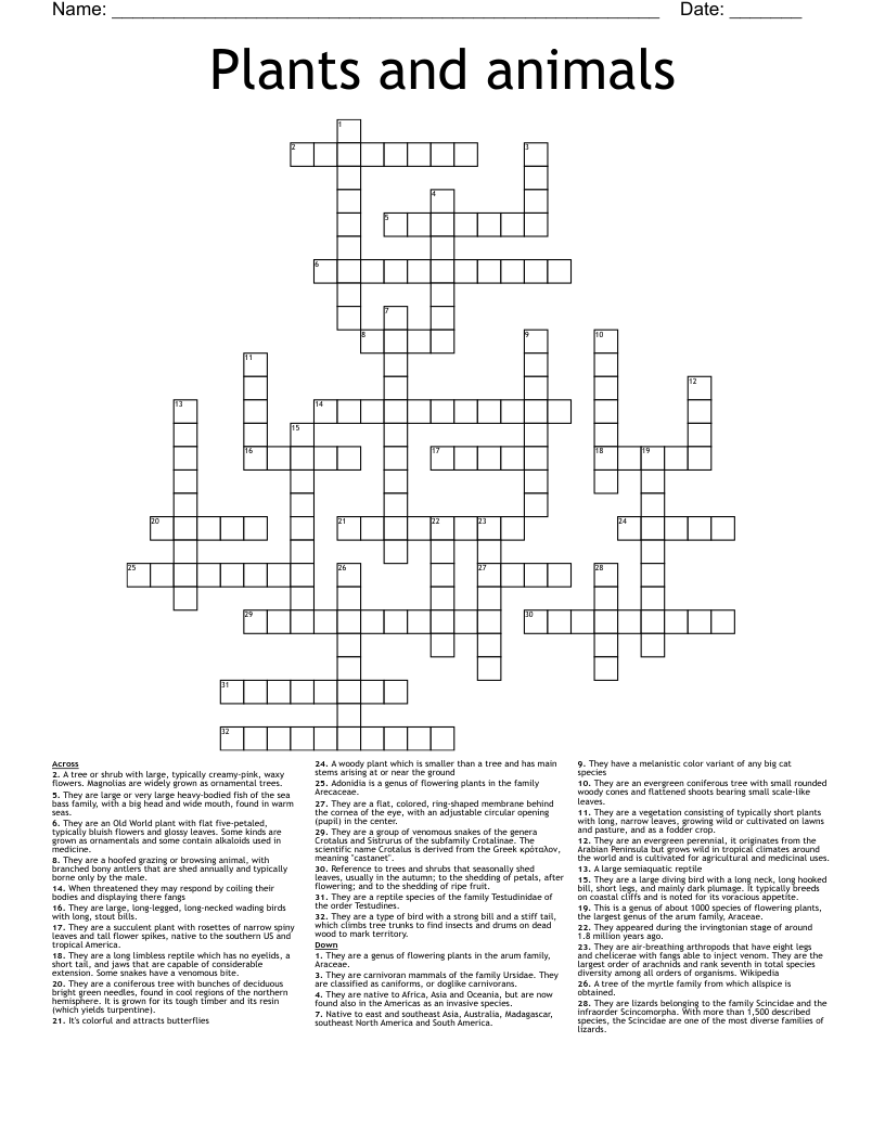 Plants and animals Crossword