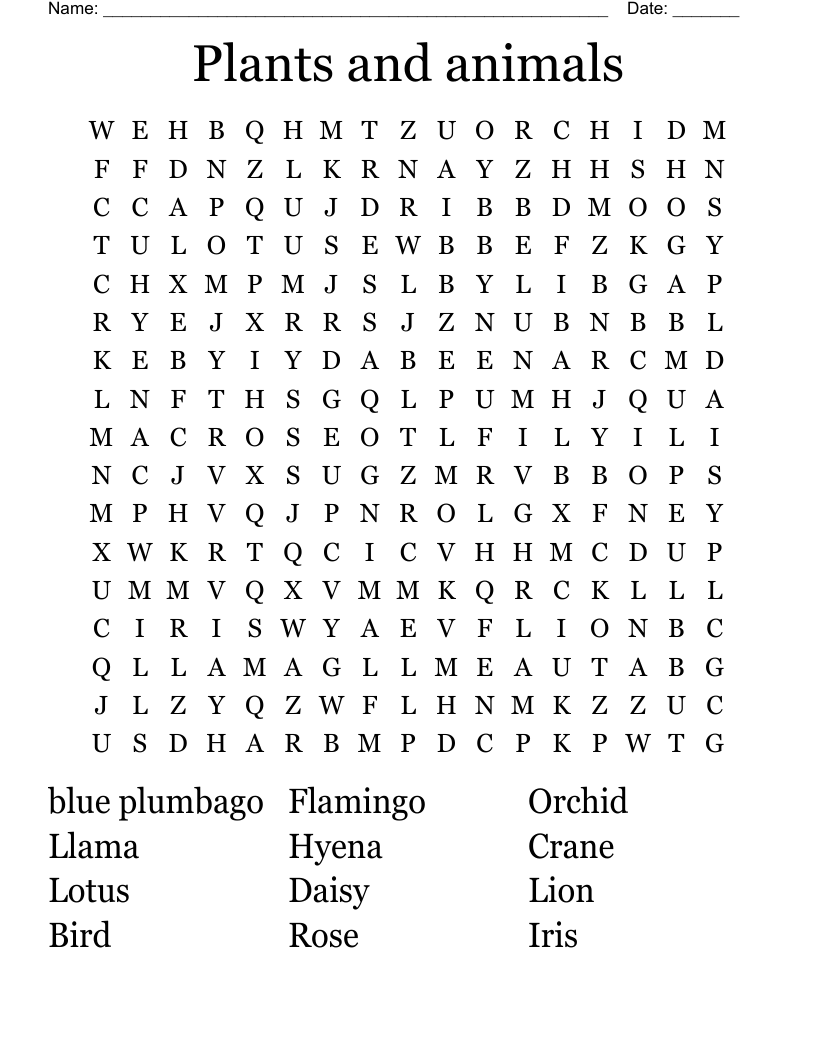 Plants and animals Word Search