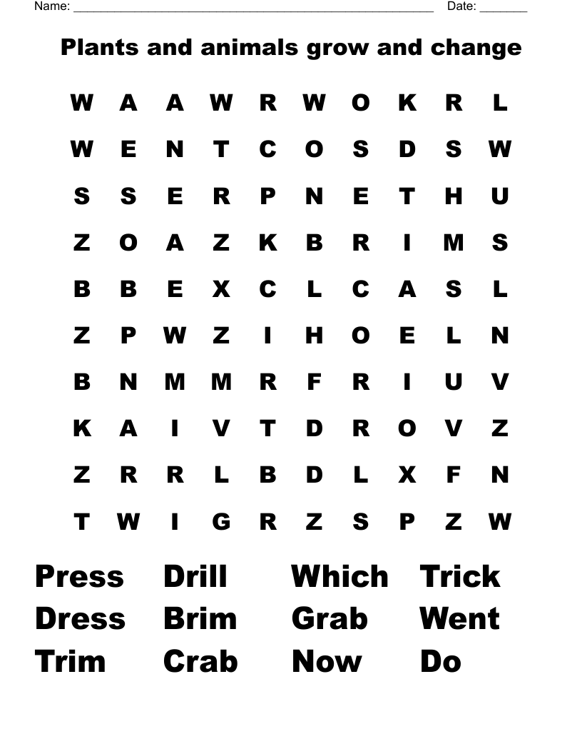 Plants and animals grow and change Word Search