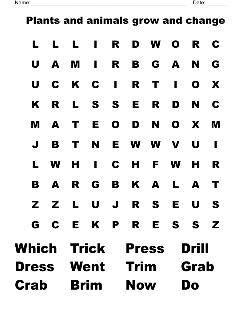 Plants and animals grow and change Word Search