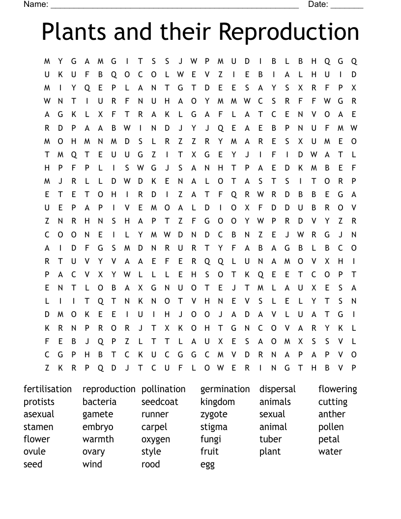 Plants and their Reproduction Word Search