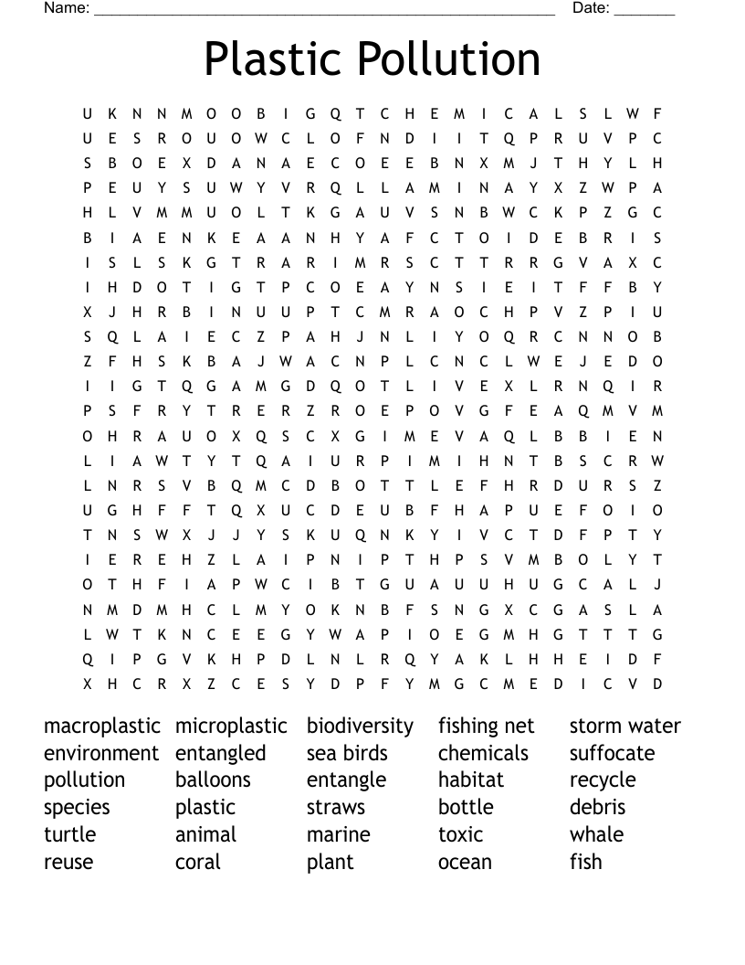 Plastic Pollution Word Search