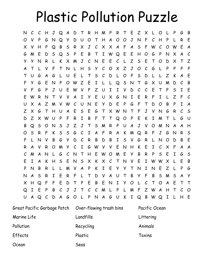 Plastic Pollution Puzzle Word Search
