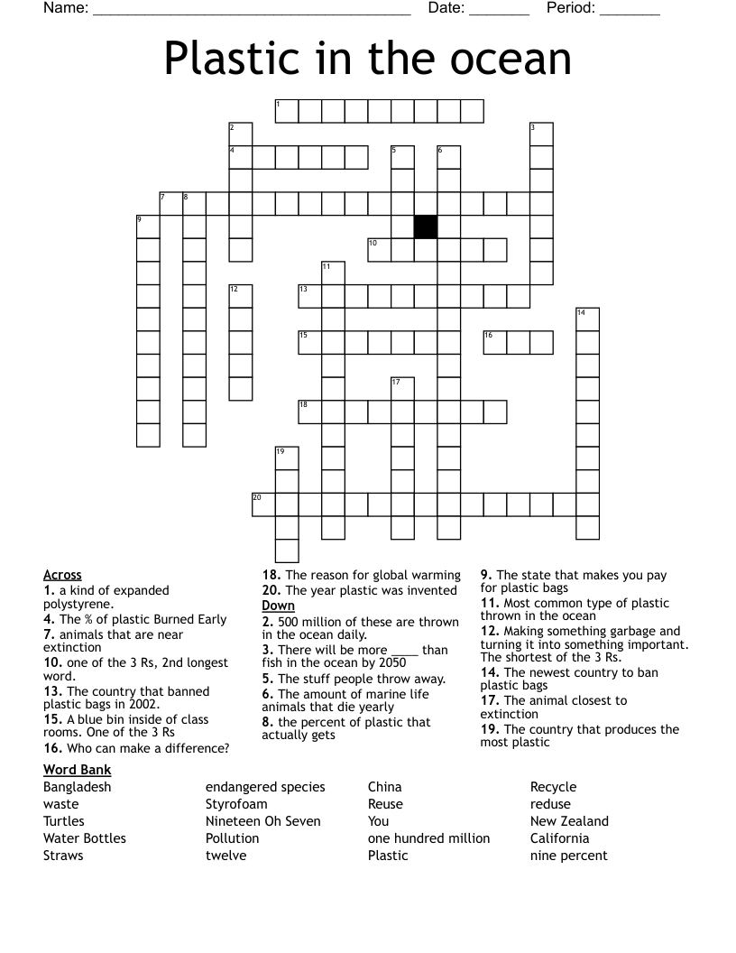 Plastic in the ocean Crossword