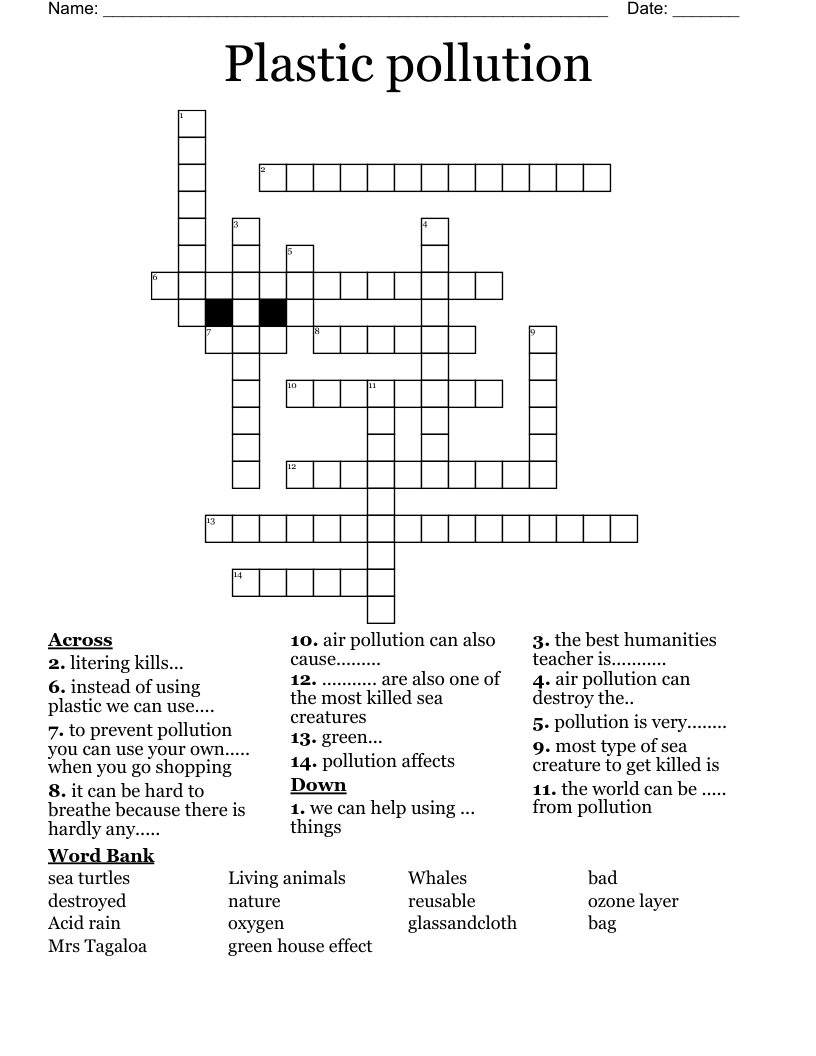 Plastic pollution Crossword