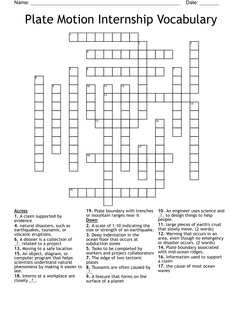 Plate Motion Internship Vocabulary Crossword