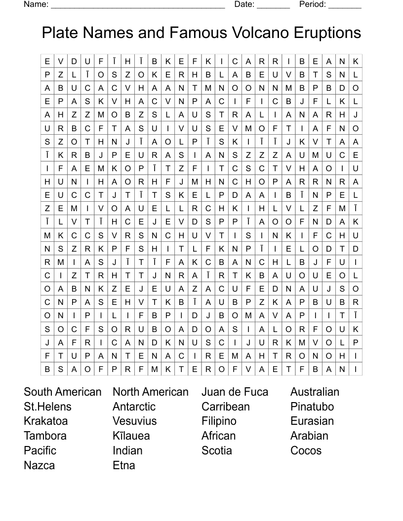 Plate Names and Famous Volcano Eruptions Word Search