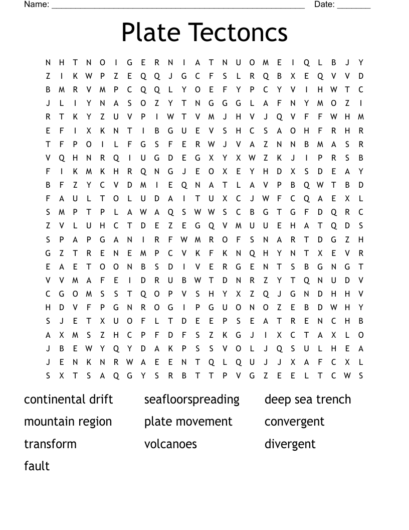 Plate Tectoncs Word Search
