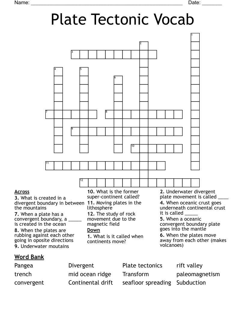 Plate Tectonic Vocab Crossword
