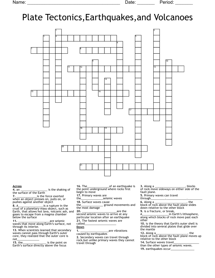 Plate Tectonics,Earthquakes,and Volcanoes Crossword