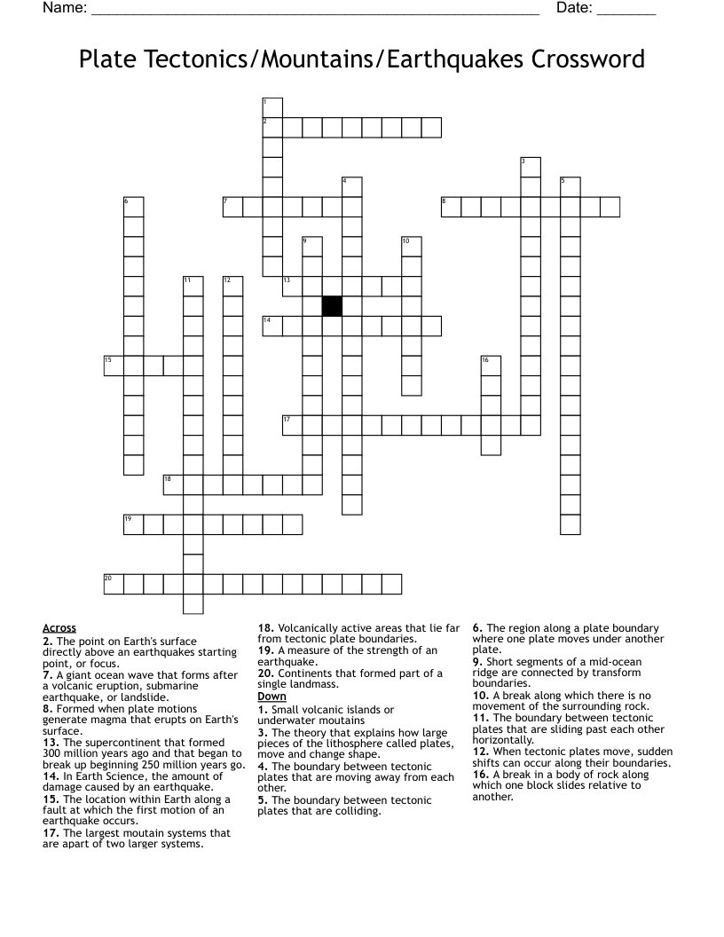 Plate Tectonics/Mountains/Earthquakes Crossword 