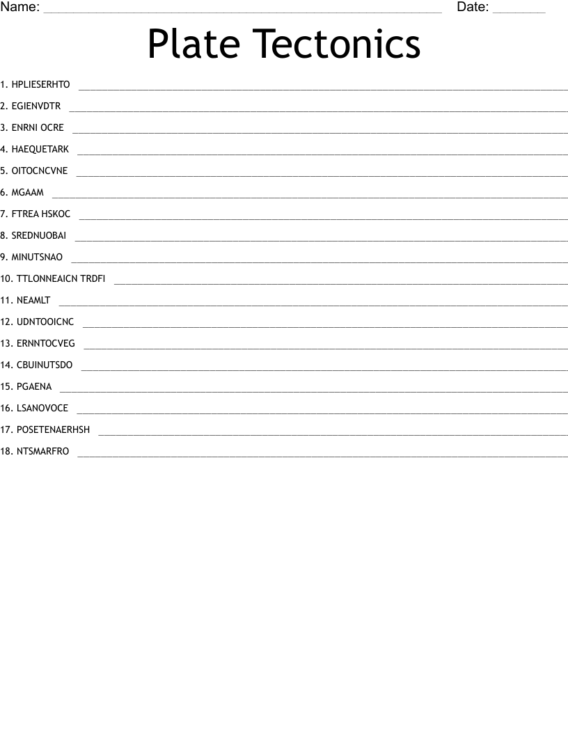 Plate Tectonics Word Scramble