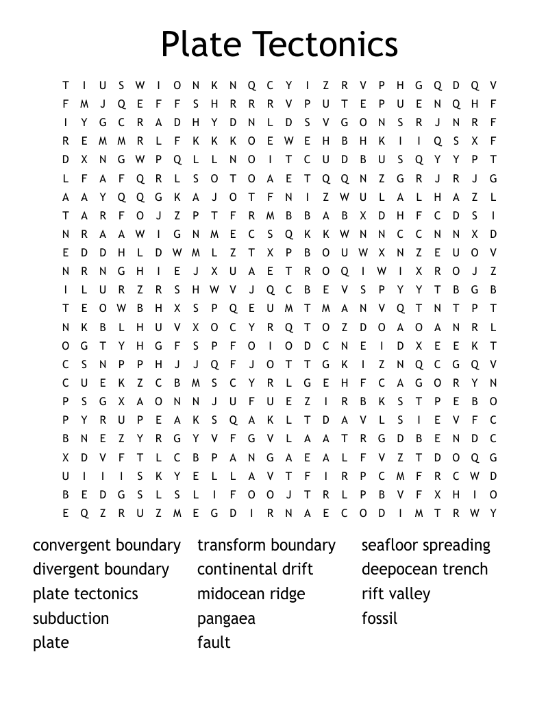Plate Tectonics Word Search