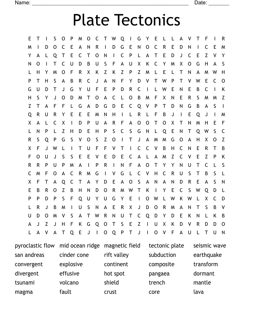 Plate Tectonics Word Search