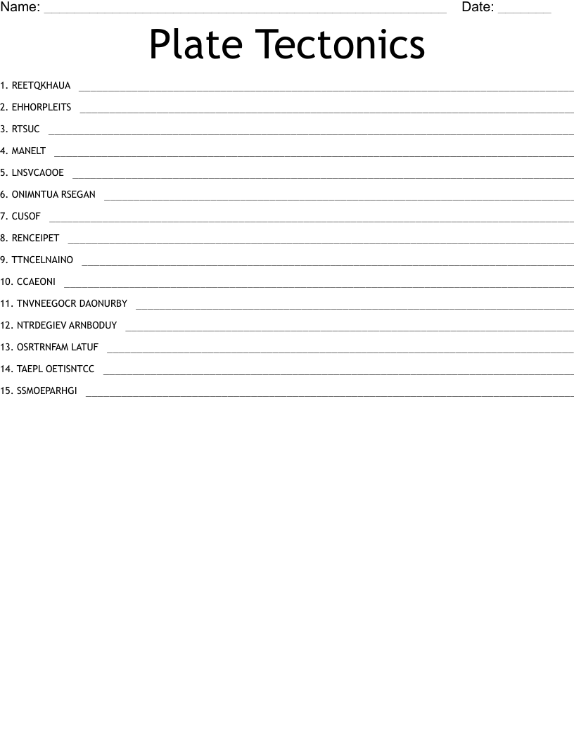 Plate Tectonics Word Scramble