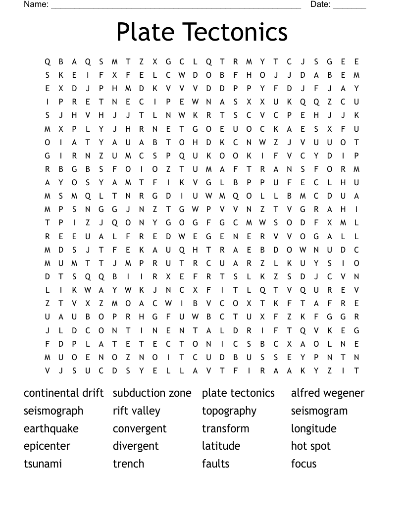 Plate Tectonics Word Search