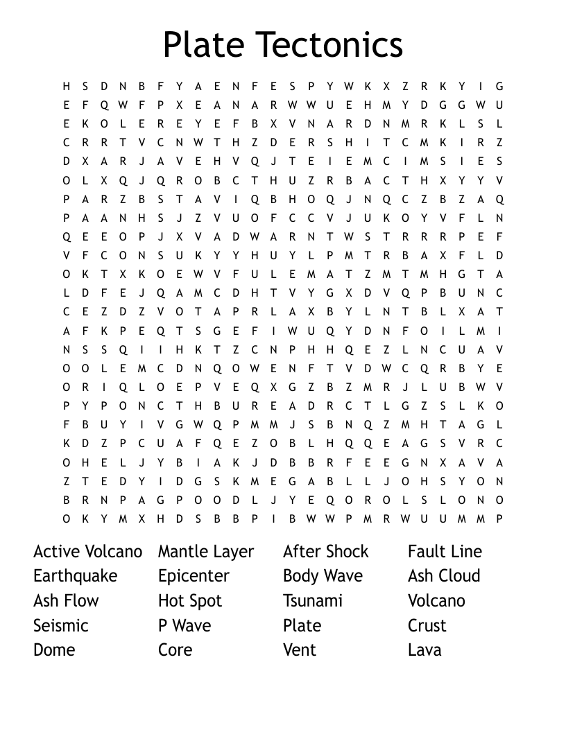 Plate Tectonics Word Search