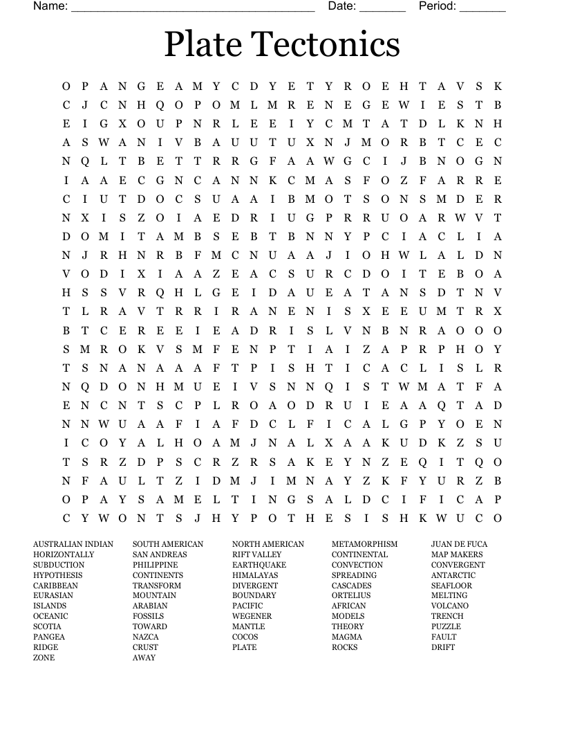 Plate Tectonics Word Search