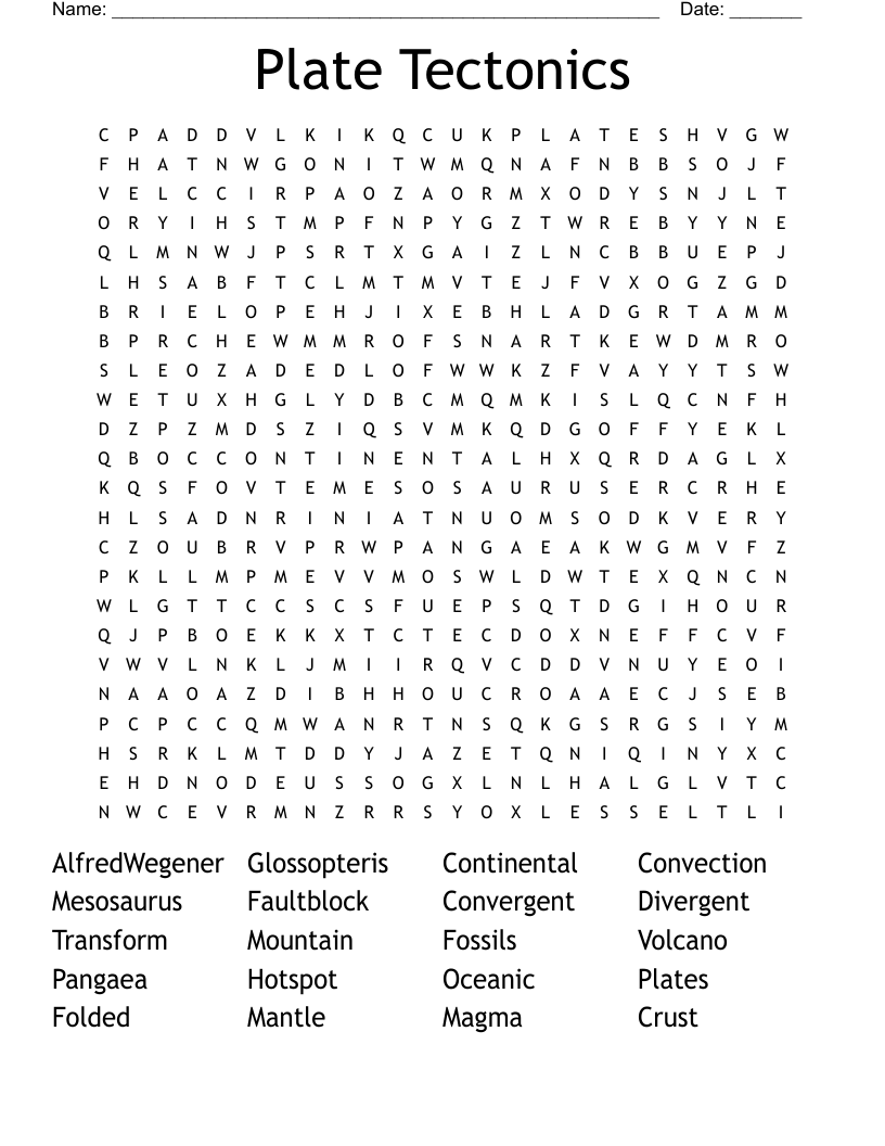 Plate Tectonics Word Search