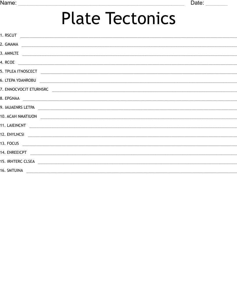 Plate Tectonics Word Scramble