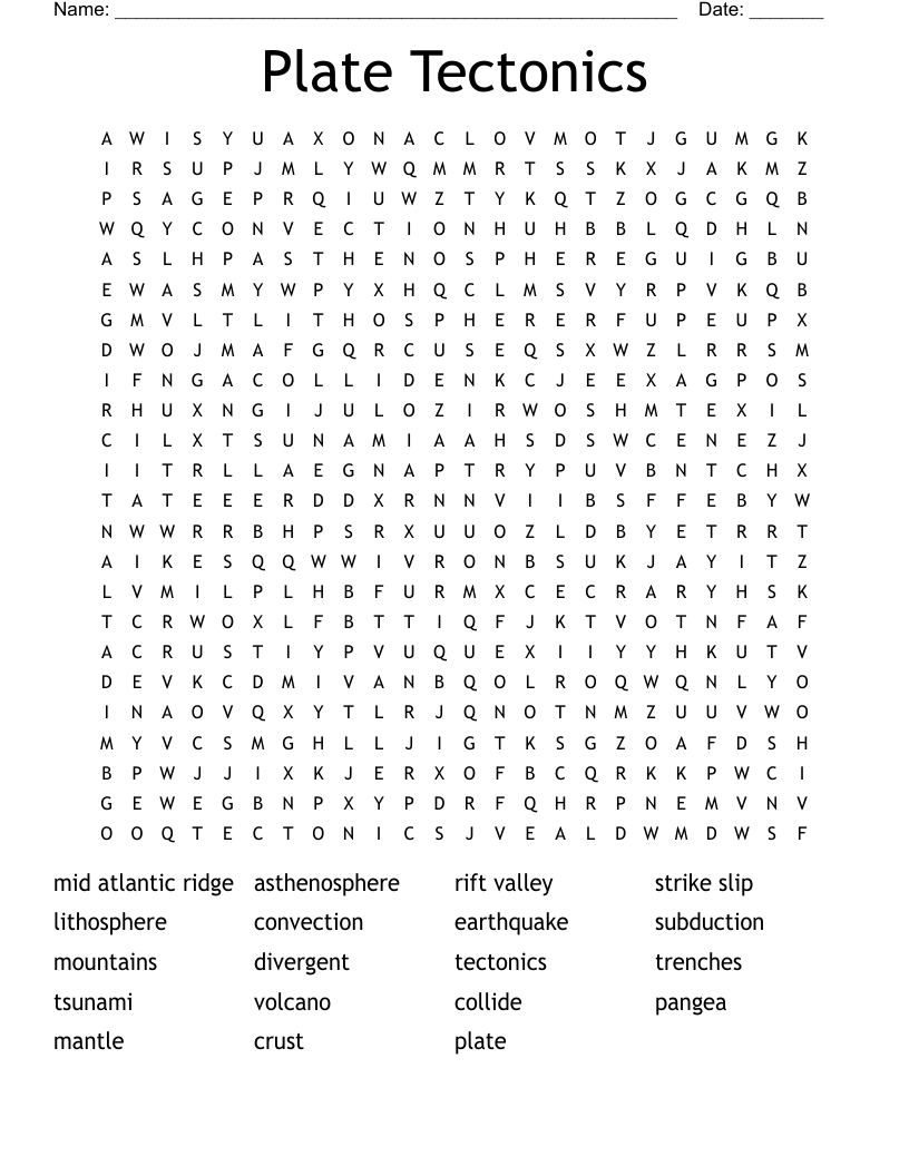 Plate Tectonics Word Search