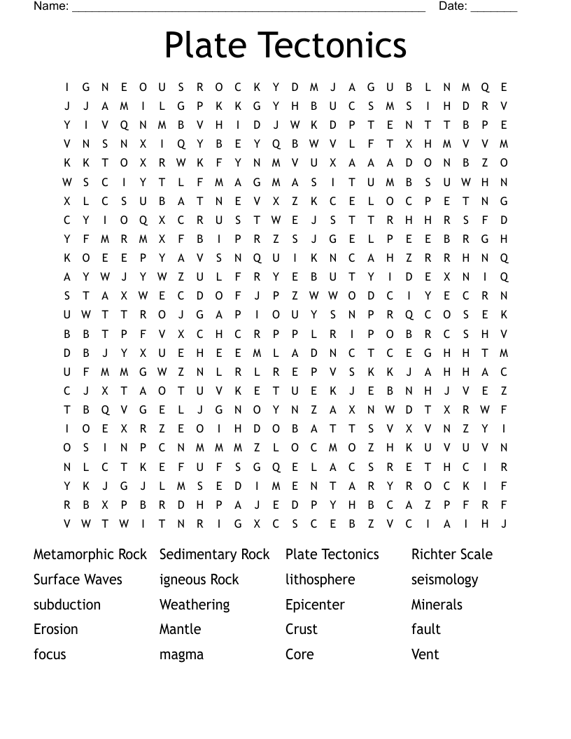 Plate Tectonics Word Search