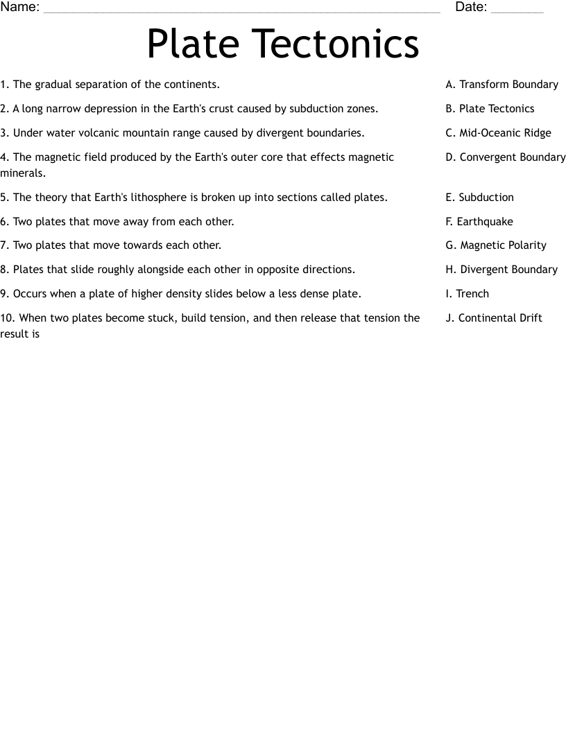 Plate Tectonics Worksheet
