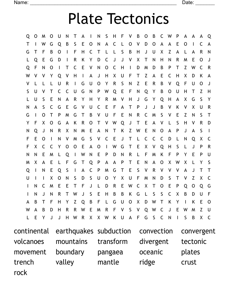 Plate Tectonics Word Search