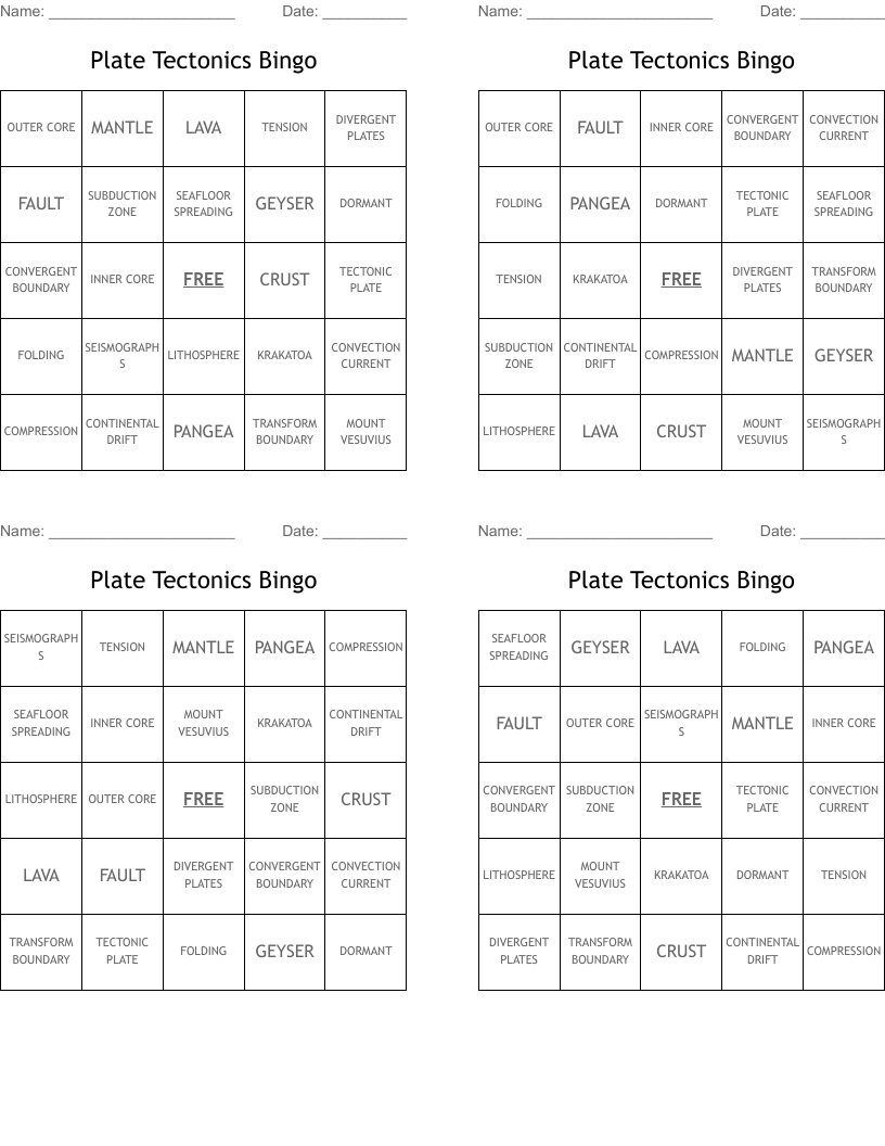 Plate Tectonics Bingo