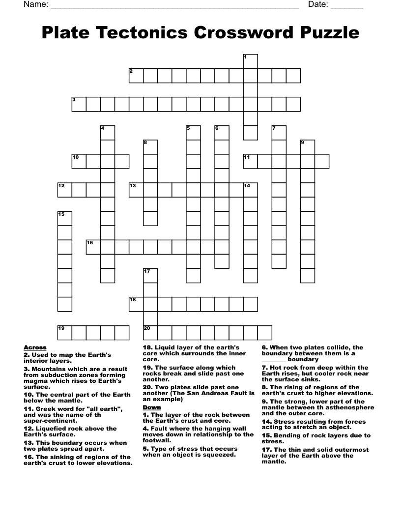 Plate Tectonics Crossword Puzzle