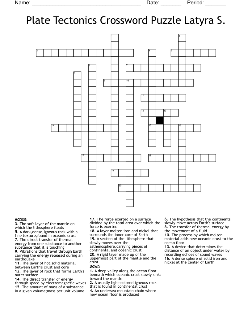 Plate Tectonics Crossword Puzzle Latyra S.